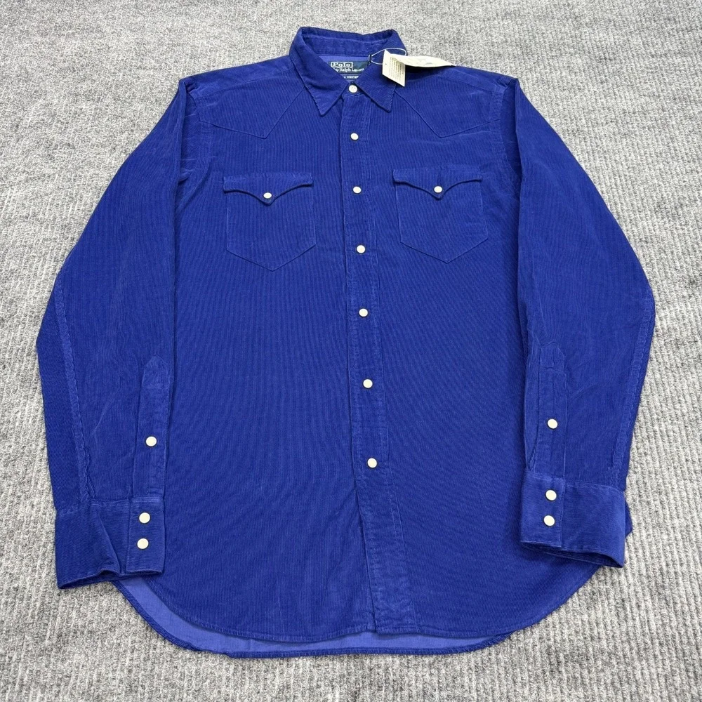 NWT Vtg Polo Ralph Lauren Classic Western Corduroy Shirt Mens M Blue Pearl Snap